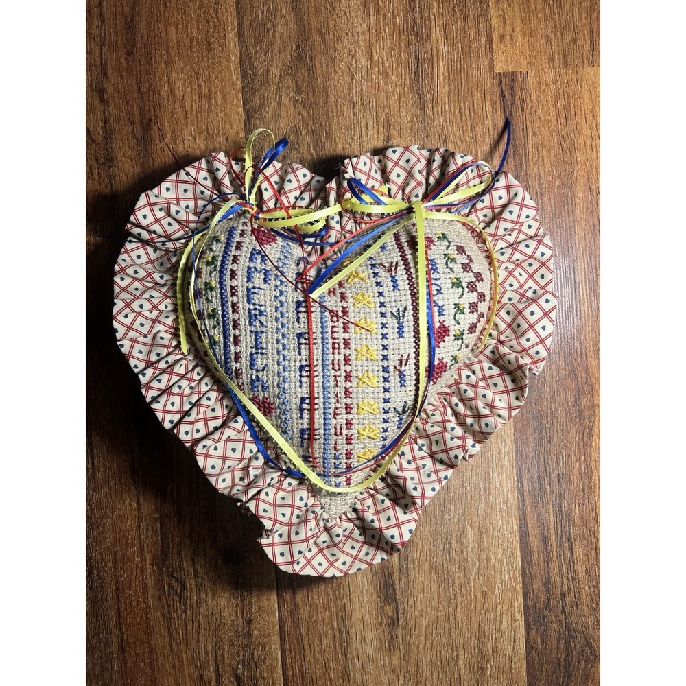 Handmade Needlepoint Heart Pillow AMERICA THE BEAUTIFUL Colorful Ribbons 12x12